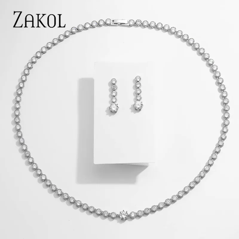 Фото ZAKOL модные белые круглые кубические циркониевые серьги ожерелье Свадебные