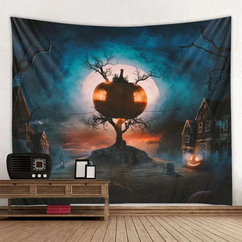 

Halloween Tapestry Art Blanket Curtain Hanging Home Bedroom Living Room Decoration Ghost Scary Pumpkin Skull Bat Castle