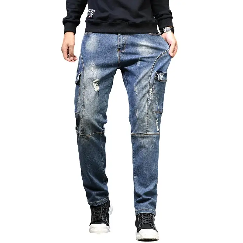 

Idopy Men`s Cargo Jeans Fashion Multi Pockets Motorcycle Blue Vintage Ripped Distressed Denim Biker Pants For Male Plus Size