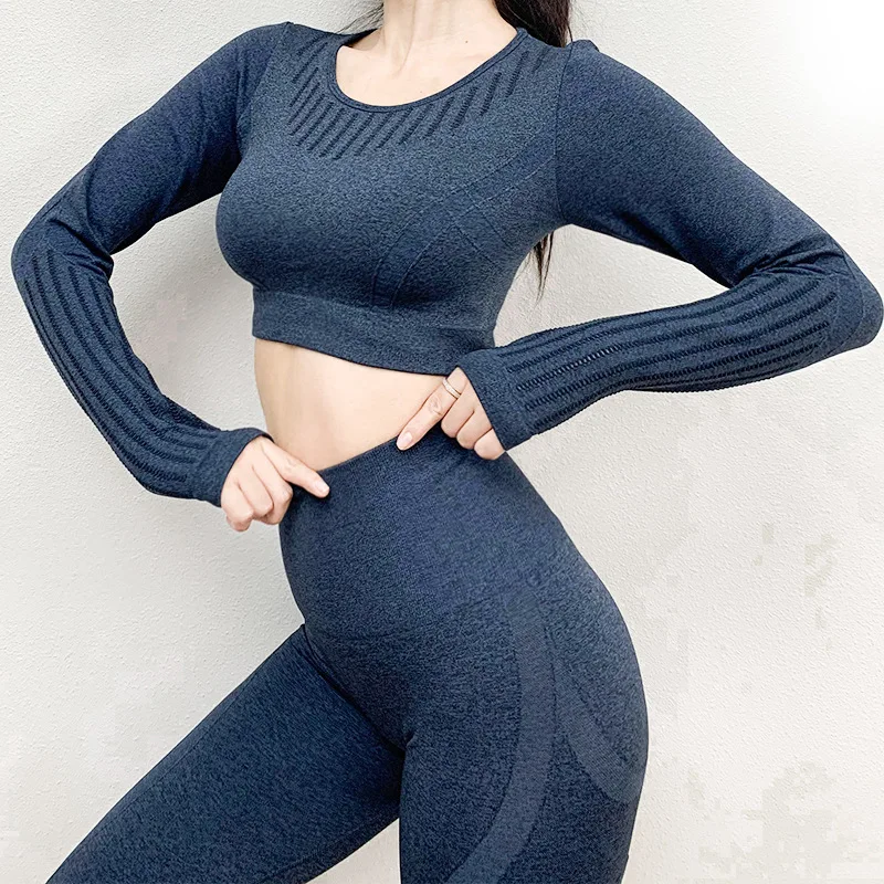 

Women 2pcs Seamless Yoga Set Sport Suit Gymwear Workout Clothes Long Sleeve Gym Crop Top High Waist Leggins Tracksuit