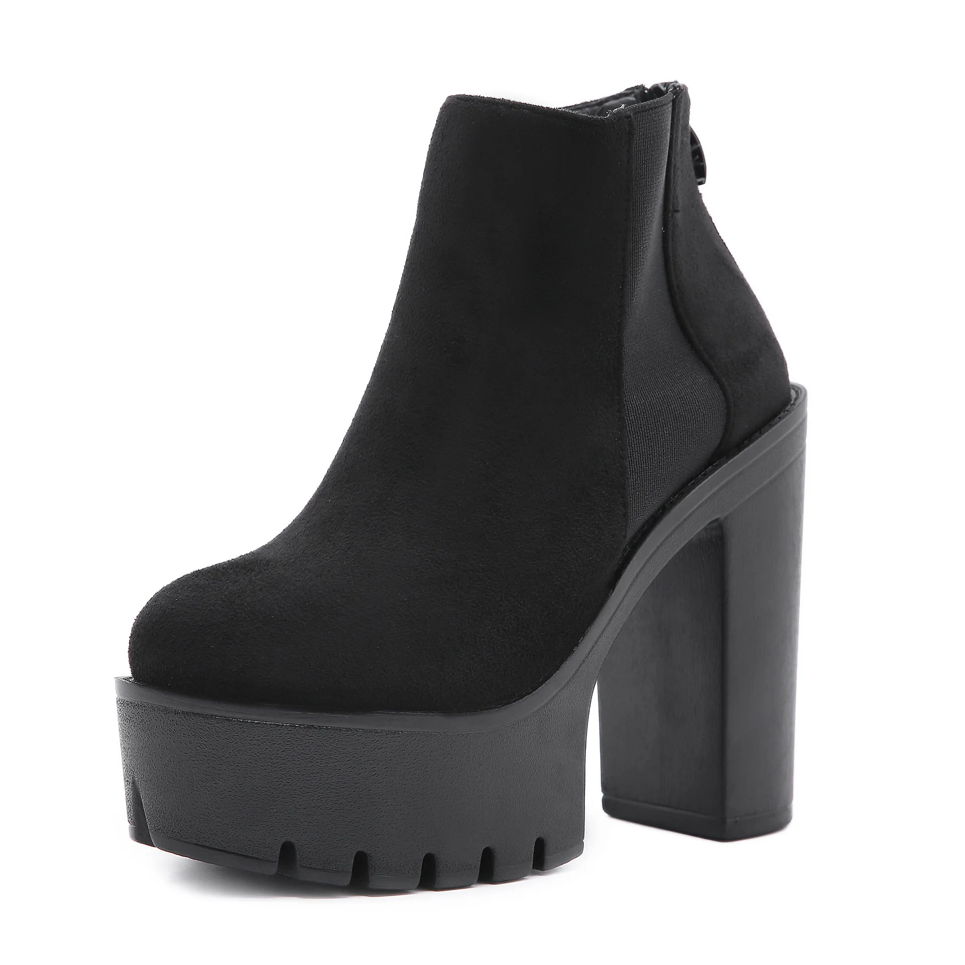 

Fashion Black Ankle Boots For Women Thick Heels Spring Autumn Flock Platform Shoes High Heels Black Zipper Ladies Boots