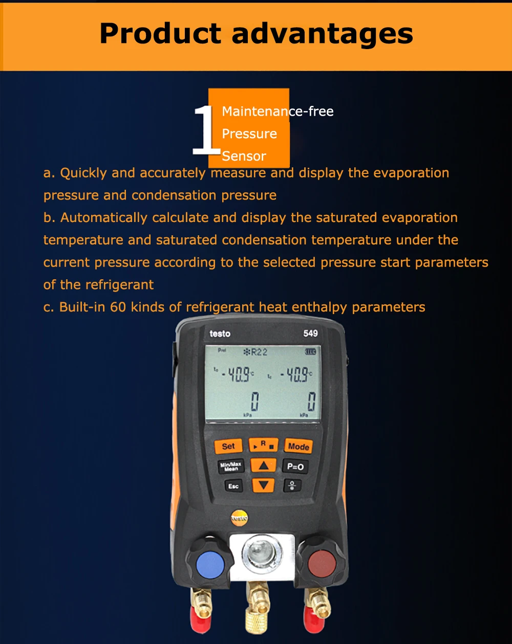 Manómetro digital para sistema de climatización, kit de pruebas LCD Testo 549, herramientas de aire acondicionado HVAC