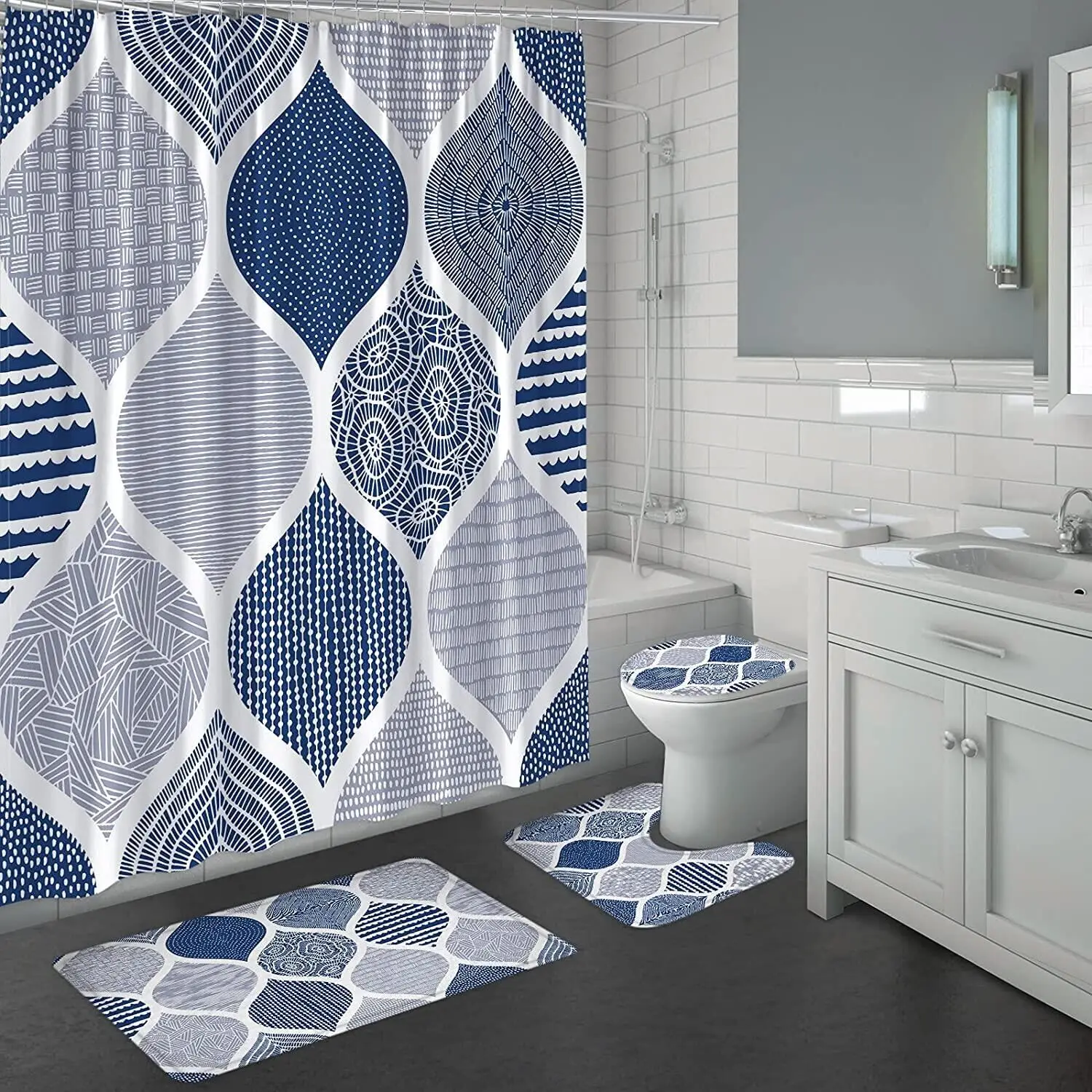 Blue Shower Curtain Sets with Rugs Navy 4 Pcs Boho Geometric Bohemian Bathroom Decor Bath Mat Toilet Lid Cover Door Carpet | Дом и сад