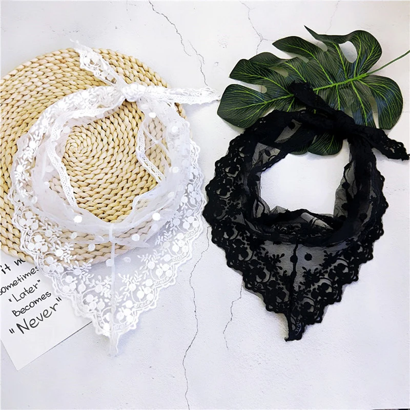 Womens Lace Triangle Neck Scarf Crochet Embroidered Floral Solid Kerchief Hair Tie Shawl Polka Dot Bandana Vintage Wrist Ribbon |