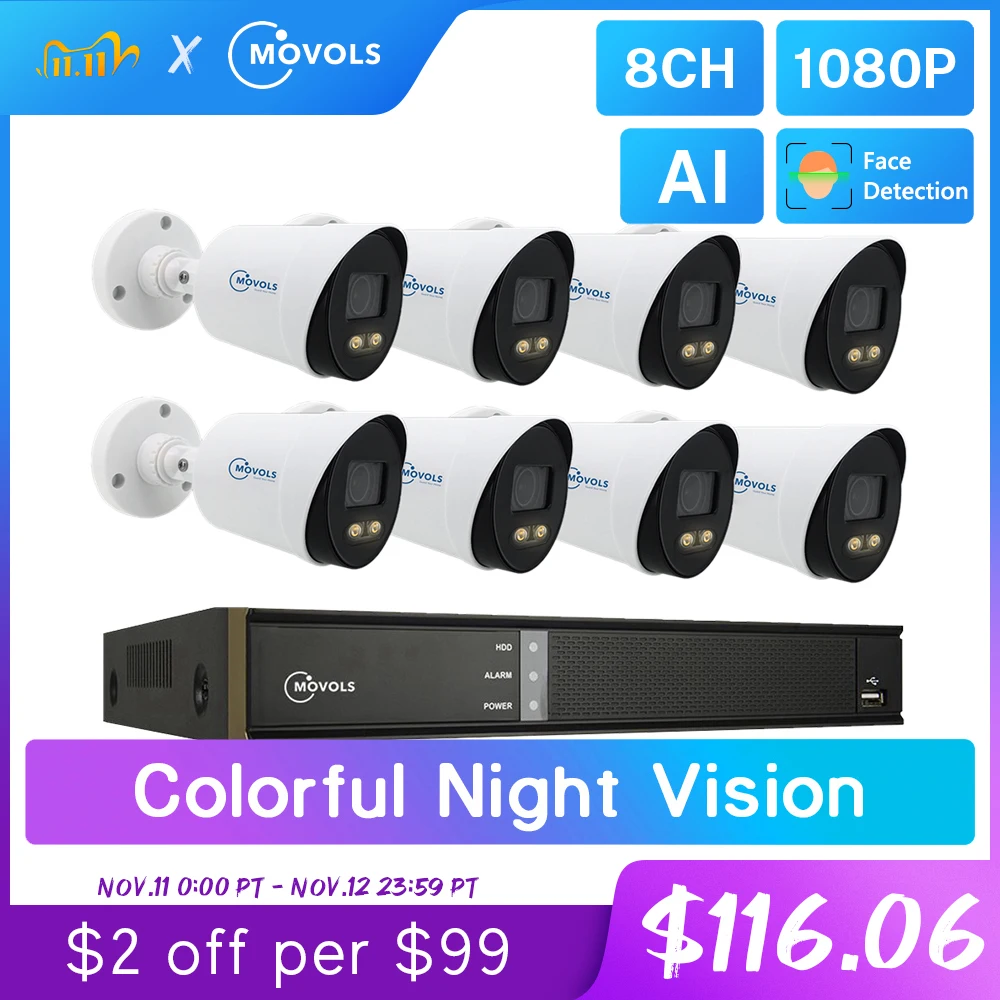 Movols 2MP AI Colorful Night Vision CCTV Kit H.265+ Waterproof Video Surveillance System 8CH DVR 8PCS/4PCS Security Camera Set
Movols 2MP AI Colorful Night Vision CCTV Kit H.265+ Waterproof Video Surveillance System 8CH DVR 8PCS/4PCS Security Camera Set