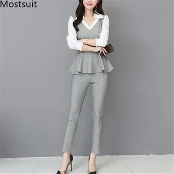 Grey Black Office Striped Two Piece Sets Outfits Women Plus Size Fake Two Pieces Shirts And Pants Suits Elegant Korean Sets 2019
Grey Black Office Striped Two Piece Sets Outfits Women Plus Size Fake Two Pieces Shirts And Pants Suits Elegant Korean Sets 2019