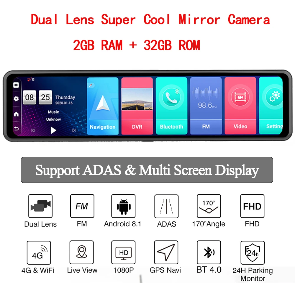 D1A 12" 4G WiFi Car DVR Rearview Mirror Android 8.1 GPS Navigation Auto Registrar 2G RAM + 32G ROM FHD 1080P ADAS Dash Camera
D1A 12" 4G WiFi Car DVR Rearview Mirror Android 8.1 GPS Navigation Auto Registrar 2G RAM + 32G ROM FHD 1080P ADAS Dash Camera