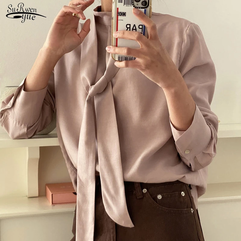 

2023 Korean Fashion Chic Tops Casual Loose Blouse Office Lady Long Sleeve Shirt Women Blouse Bow Tie Clothes Blusas Blouse 16723