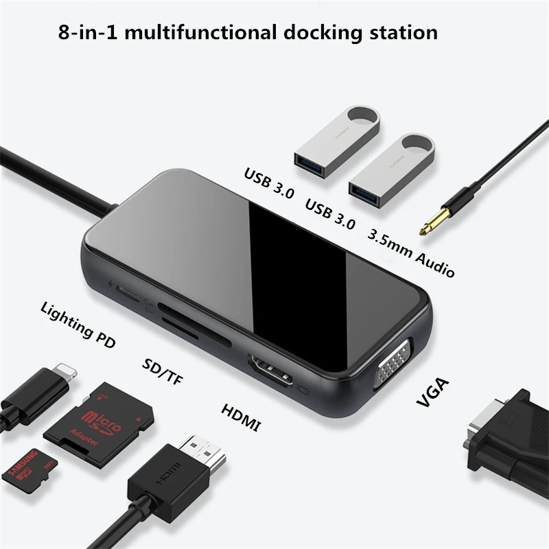 8 in 1 Lightning Hub,HDMI VGA 3.5mm Audio Jack,TF SD Card Reader Dual USB Camera Adapter for iPhone 11 Pro Max,Xr,Xs,new SE
8 in 1 Lightning Hub,HDMI VGA 3.5mm Audio Jack,TF SD Card Reader Dual USB Camera Adapter for iPhone 11 Pro Max,Xr,Xs,new SE
