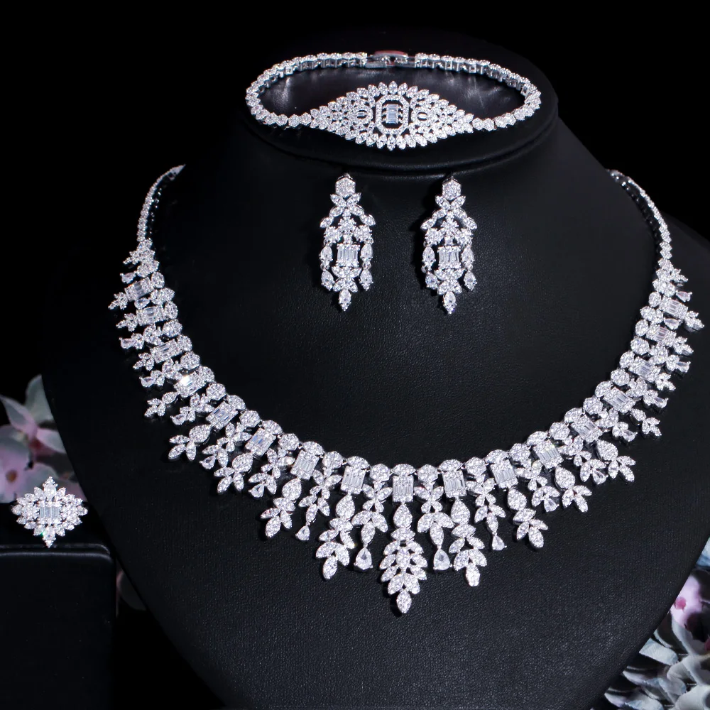 

CWW 4 pcs Tassel Drop Cubic Zirconia Big Wedding Banquet Necklace Dubai White Gold Color Bridal Party Costume Jewelry Sets T600