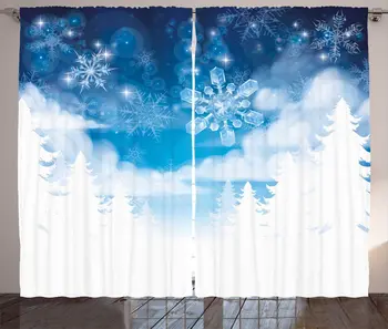 

Winter Curtains Christmas Trees Setting with Snowflakes and Stars New Year Graphic Image Living Room Bedroom Window Drapes