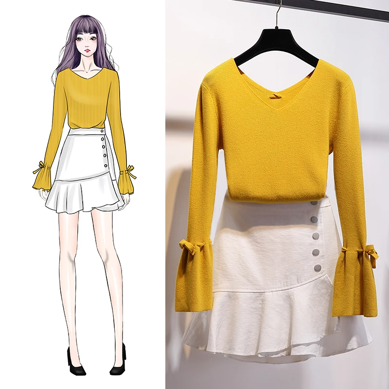 2019 Autumn Full Long Sleeve V-Neck Pullover Yeloow Sweater and A-line Mini White Skirt Sets Women Two Piece Outfits Sweet Girl
2019 Autumn Full Long Sleeve V-Neck Pullover Yeloow Sweater and A-line Mini White Skirt Sets Women Two Piece Outfits Sweet Girl