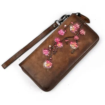 

Genuine Leather Women Long Wallet Female Zipper Purse Clutch Wrist Bags Cards Clip Embossed Plum Flower Retro Money Handy Bag