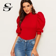 Sheinside élégant rouge manches bouffantes Blouse femmes 2019 été demi manches trou de serrure dos Blouses dames solide base minimaliste haut(China)