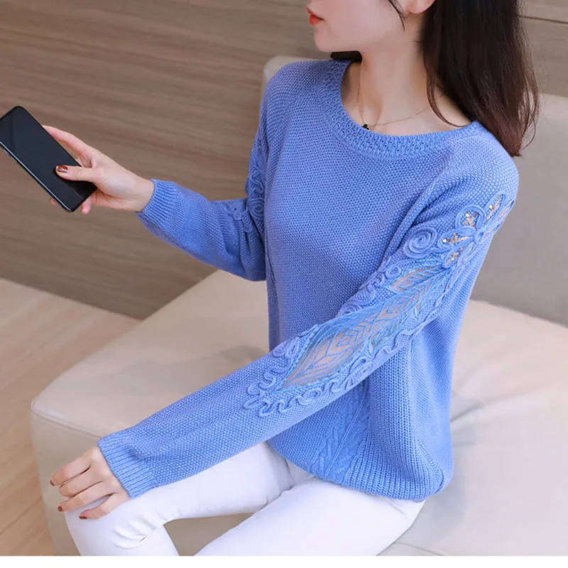Женский вязаный пуловер свитер с круглым вырезом и длинными рукавами тонкий