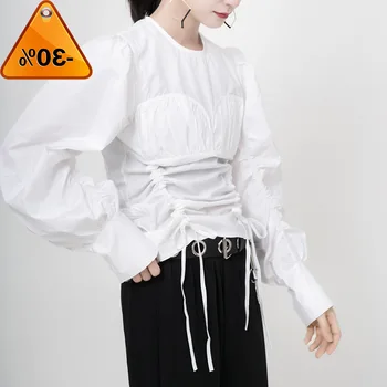 Pleated Drawstring Women Blouse New Round Neck Long Sleeve Loose Fit Shirt Fashion Tide Spring Autumn 2020 
Pleated Drawstring Women Blouse New Round Neck Long Sleeve Loose Fit Shirt Fashion Tide Spring Autumn 2020