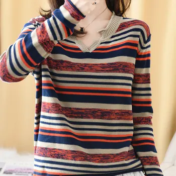 Smpevrg 2019 new 100% cotton Korean women's long sleeves autumn loose striped fashion inside thin section knit top shirt 
Smpevrg 2019 new 100% cotton Korean women's long sleeves autumn loose striped fashion inside thin section knit top shirt