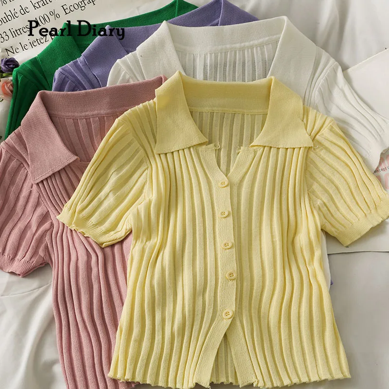 

Pearl Diary Women Rib Knitted Cardigans Short Sleeve Buttons Front Tops Solid Color Slim Fit England Style Office Lady Rib Tops