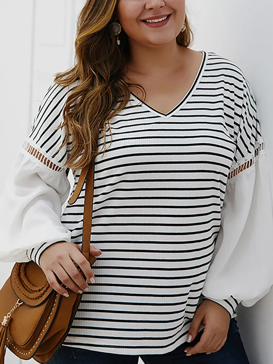 Women Over Size T-shirt 2020 Spring New Striped Stitching Tops Ladies V-neck Sexy Blouse Lantern Long Sleeve Casual |