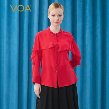 VOA Silk POLO Collar Long Sleeve Single-row Twisted Ruffled Three-dimensional Decorative Cuff Split Straight Ladies Shirt BJ065 
VOA Silk POLO Collar Long Sleeve Single-row Twisted Ruffled Three-dimensional Decorative Cuff Split Straight Ladies Shirt BJ065