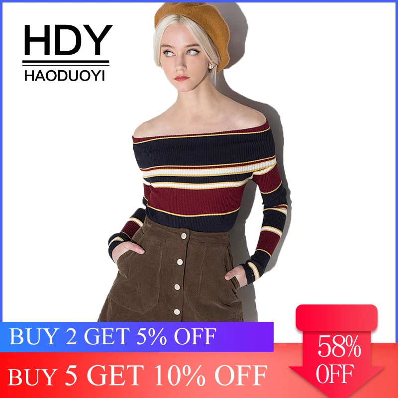 HDY Haoduoyi Apparel Fashion Women Sweater Female Sweet Multicolor Stripe Off Shoulder Pullovers Ladies Sexy Casual Tops 
HDY Haoduoyi Apparel Fashion Women Sweater Female Sweet Multicolor Stripe Off Shoulder Pullovers Ladies Sexy Casual Tops