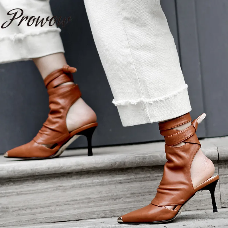 Prowow New Genuine Leather Sexy Pointed Toe Ankle Boots Cutout Lace Up High Heel Autumn Boots Shoes Women