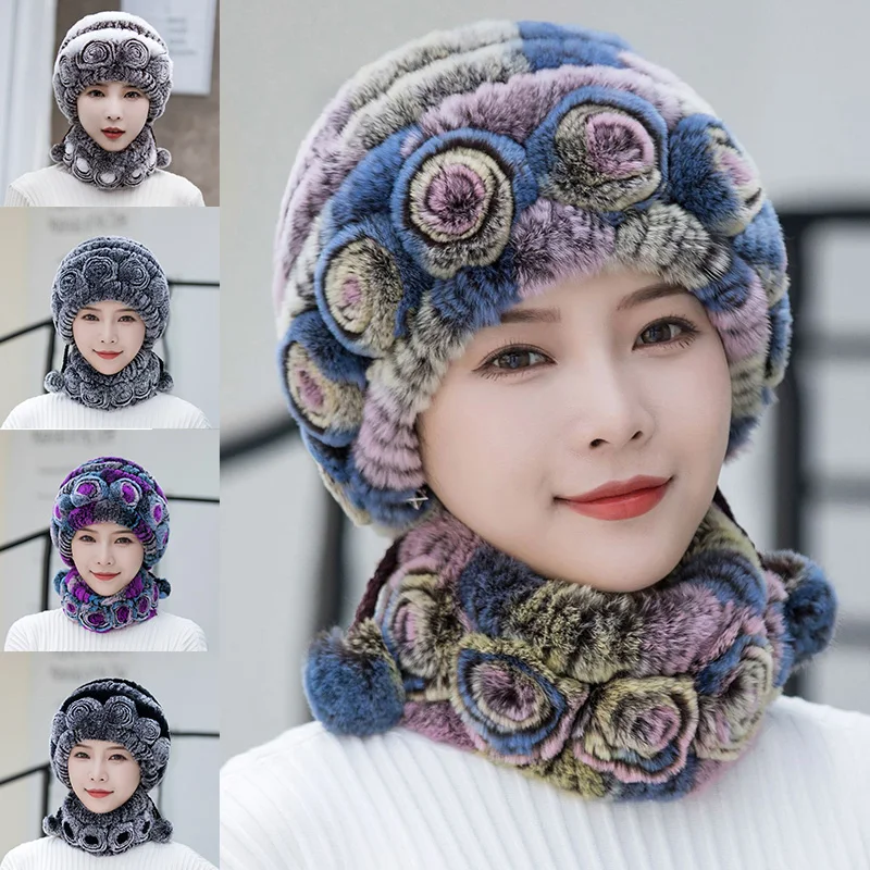 Фото Лидер продаж зимняя женская шапка-шарф в полоску с цветами теплая вязаная шапка