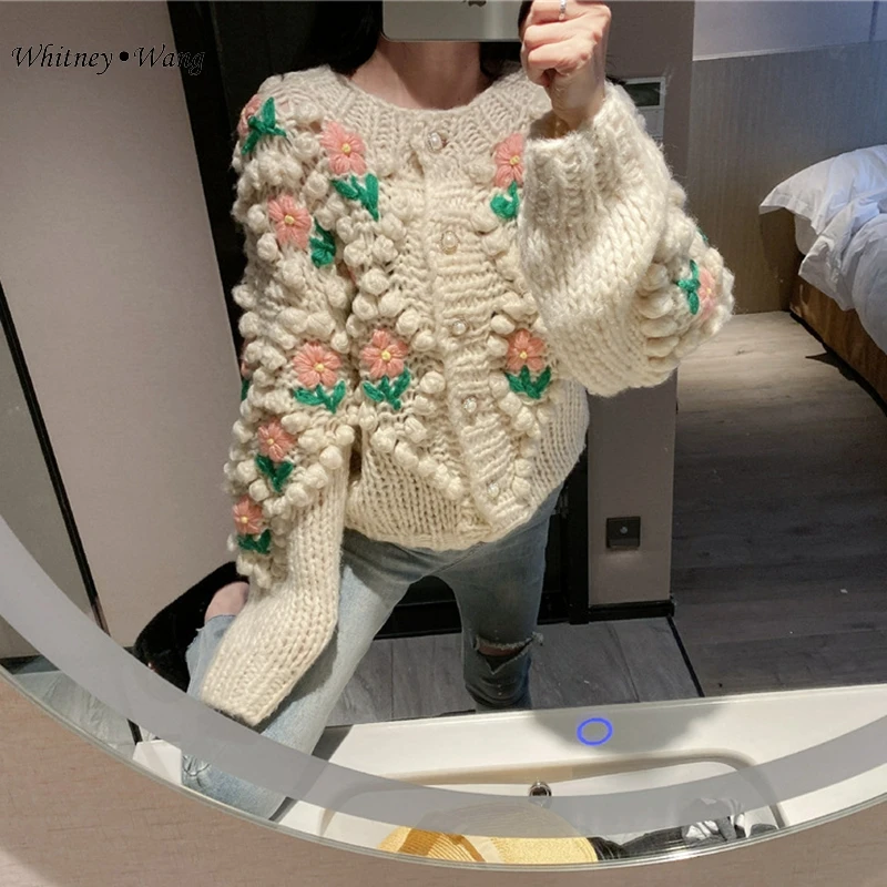 WHITNEY WANG свитера 2019 осень зима мода уличная 3D Цветочные кардиган женский джемпер