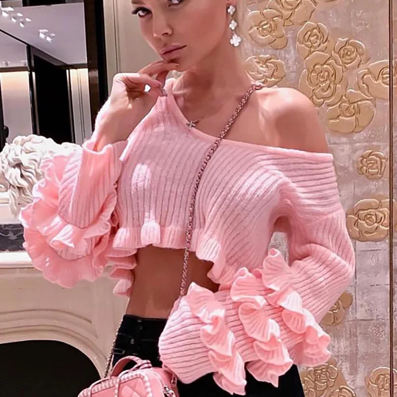 

2021 Spring Pink Knitted T-shirt Ruffled Laminated Long Sleeve Sweater with Loose Collar and Girlish Atmosphere Short Sweater