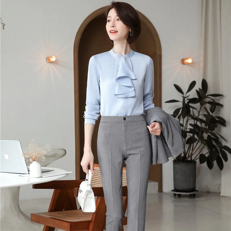 

Spring Fall Women Blouse And Plaid Pants Sets 2 Pieces OL Styles Fashion Casual Shirring Shirt Formal Professional Suit Trousers