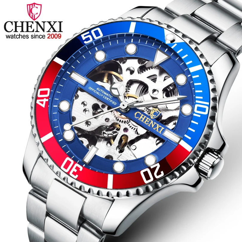 Мужские наручные часы CHENXI синие классические автоматические механические