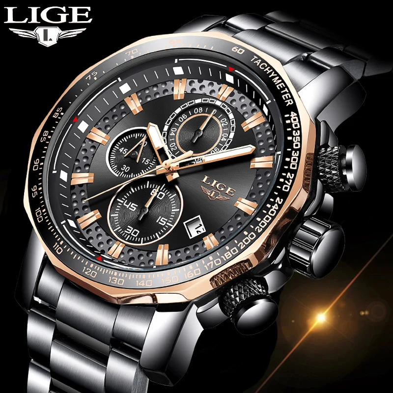 Часы наручные LIGE мужские с большим циферблатом модные брендовые Роскошные