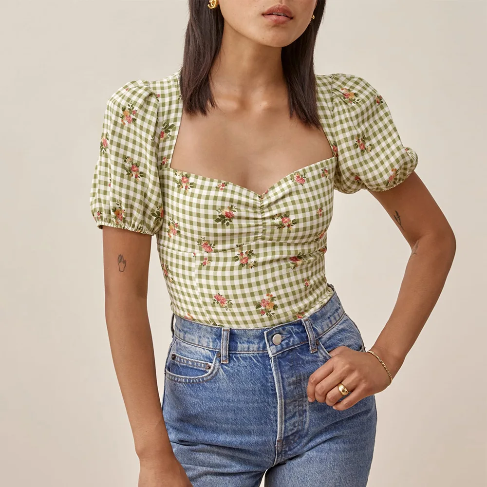 

Women Blouses 2021 Fashion Plaid And Floral Print Beach Casual Summer Tops Sweetheart Neck Short Puff Sleeve Elegant Blouse Top
