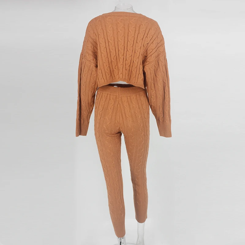 Knitted 2 Piece Set Women Long Sleeve Crop Tops And Long Pants Knitted 2 Piece Set Women Long Sleeve Crop Tops And Long Pants