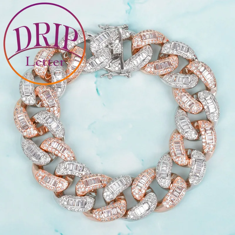

Drip Letter Cuban Link Bracelet for Men Real Gold Plated Baguette Iced Out Zircon Miami Charm Hip Hop Jewelry