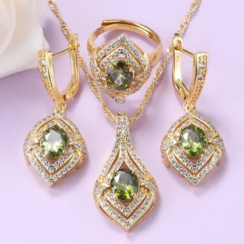 Morrocan Jewelry Sets Gold Plated Women Costume Olive Green Cubic Zirconia Earrings And Ring Necklace Sets Gift Box
Morrocan Jewelry Sets Gold Plated Women Costume Olive Green Cubic Zirconia Earrings And Ring Necklace Sets Gift Box
