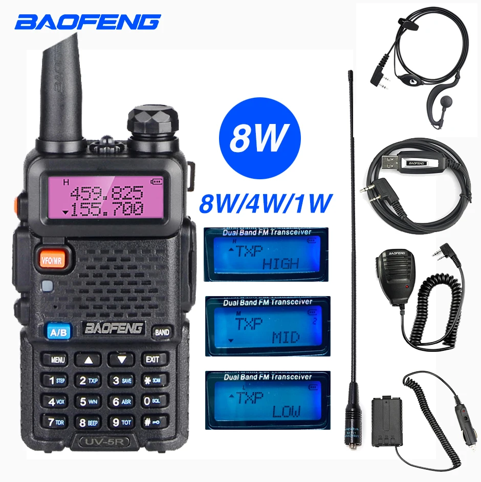 High Power 8W Baofeng UV 5R Walkie Talkie 10KM Portable CB ham Radio Station VHF UHF HF Transceiver Hunting UV5R Two Way Radio
High Power 8W Baofeng UV 5R Walkie Talkie 10KM Portable CB ham Radio Station VHF UHF HF Transceiver Hunting UV5R Two Way Radio
