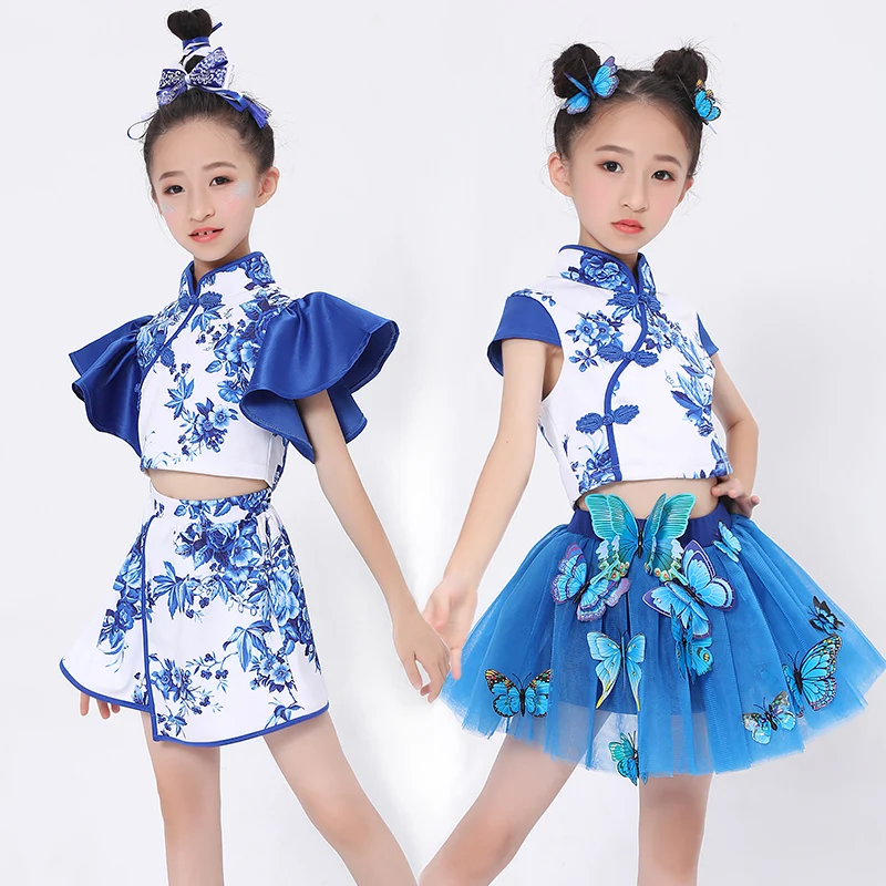 

Traditional Chinese Blue Dragon Element Toddler Kids Girls Embroidery T Shirt Outfits Clothes Set