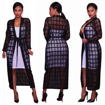 

Women Long Duster Coat Open Front Viscose Cardigan Plaid Long Sleeve Lace See-Through Jacket Modest Cover Up with Sashes