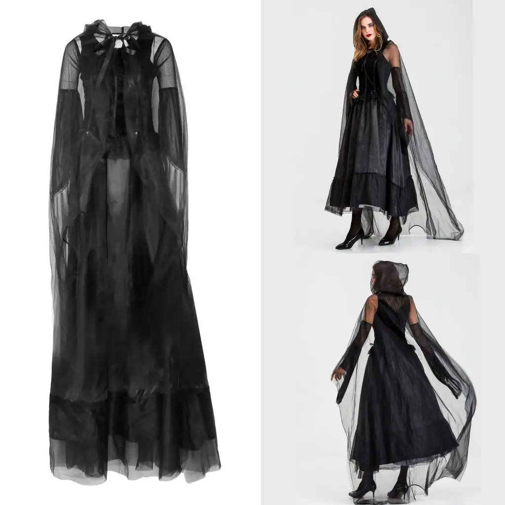 Black Veil Hooded Cloak Maxi Cape Long Dress Womens Costume Grim Reaper Party Halloween Cosplay Black Veil Hooded Cloak Maxi Cape Long Dress Womens Costume Grim Reaper Party Halloween Cosplay