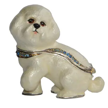 BICHON FRISE ENAMELED PEWTER DOG TRINKET BOX HINGED KEEPSAKE BOX DOG GIFTS ANIMAL FIGURINE SCULPTURE MINIATURE