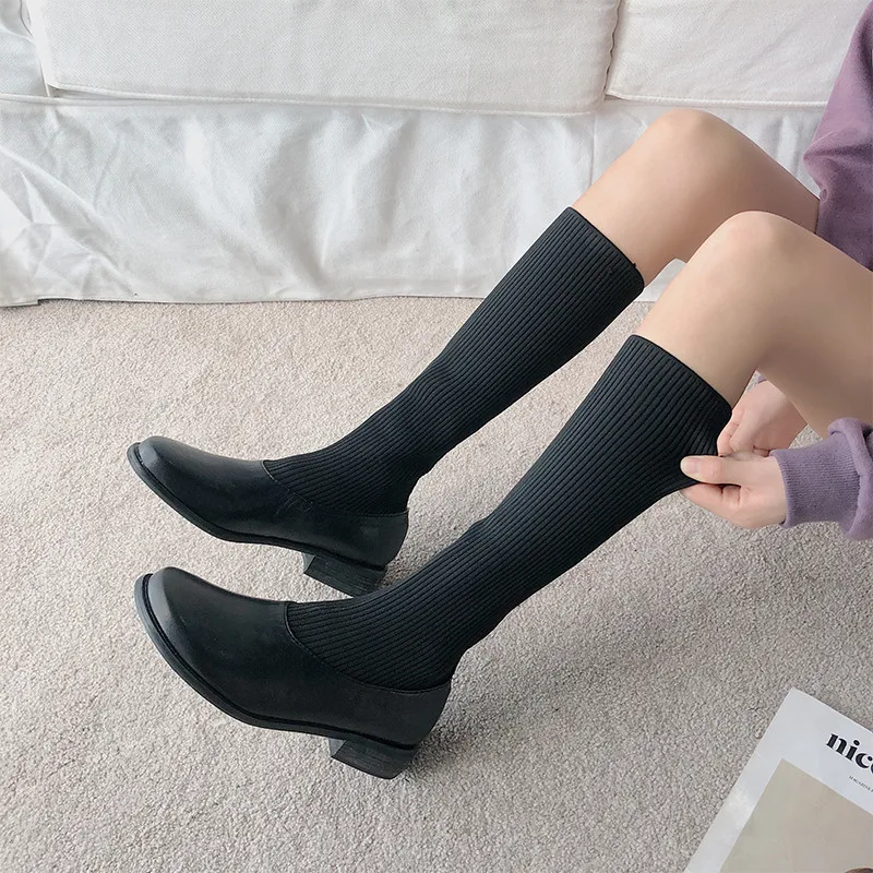 Brand Women's Shoes Low Heels booties Bootee Woman 2019 Lace Up Boots Booties Ladies Round Toe Fashion Over-the-knee Winter Mid