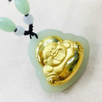 

Zheru Jewelry Pure natural Hetian jade inlaid 24K gold laughing Buddha pendant necklace Exquisite gold inlaid jade Send certific