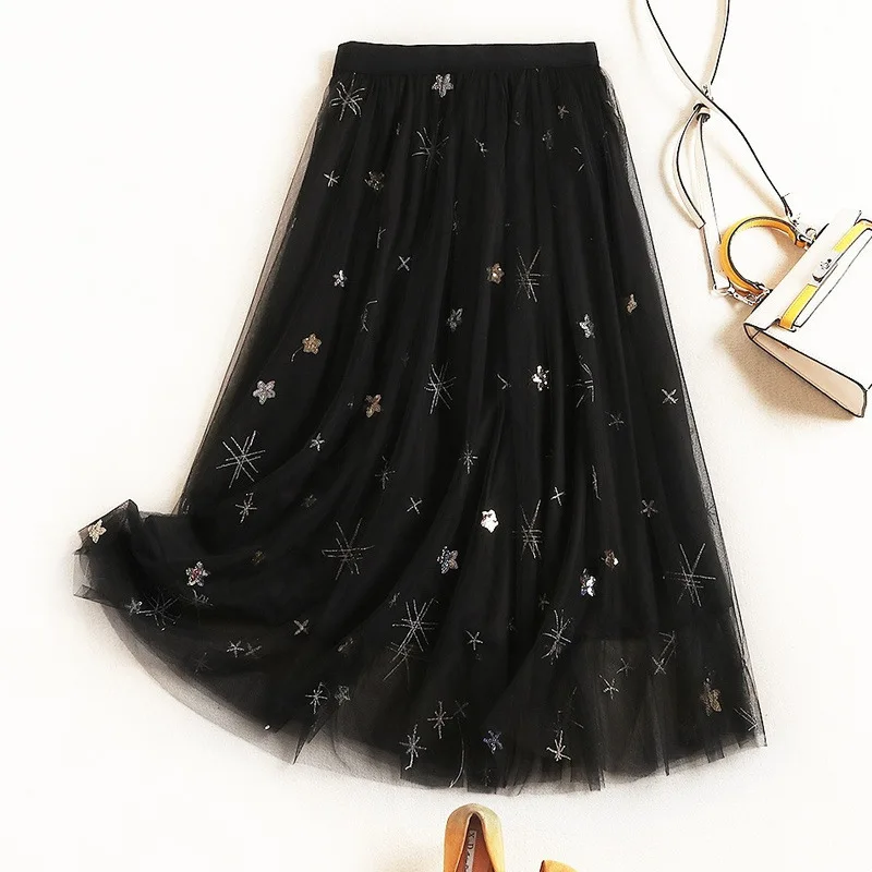 High End Design Sweet Girl's Aline Mesh Skirt Double Mesh Layers Cute Sequins Stars Party Skirts Women Elastic Waist Long Skirt
High End Design Sweet Girl's Aline Mesh Skirt Double Mesh Layers Cute Sequins Stars Party Skirts Women Elastic Waist Long Skirt
