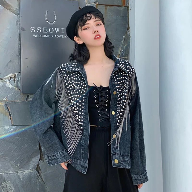 

Photo Shoot 2020 Spring and Autumn New Style Industrial Jeans Coat Female Loose Korean-style BF Beads Diamond Set Tassels Short