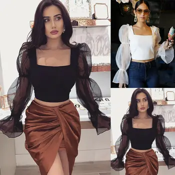 Fashion Womens Blouses Shirts Casual Sheer Mesh Puff Long SleeveTops Blouse US Perspective base collar office clothing Shirts 
Fashion Womens Blouses Shirts Casual Sheer Mesh Puff Long SleeveTops Blouse US Perspective base collar office clothing Shirts