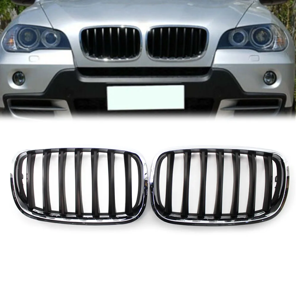 

2Pcs Chrome Frame Shiny Black Slat Grill Car Grille For BMW X5 X6 E70 E71 2008 2009 2010 2011 2012 2013