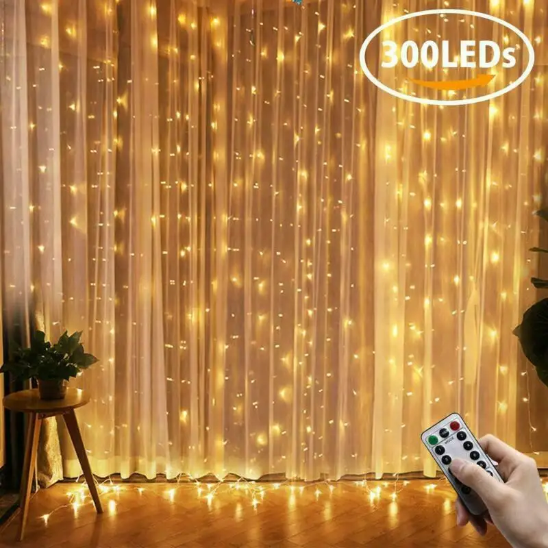 

5pcs 3M*3M 300LEDs Battery powered LED Curtain Fairy String Light Cooper wire Remote Controlled f/Wedding Party Home Garden Wall