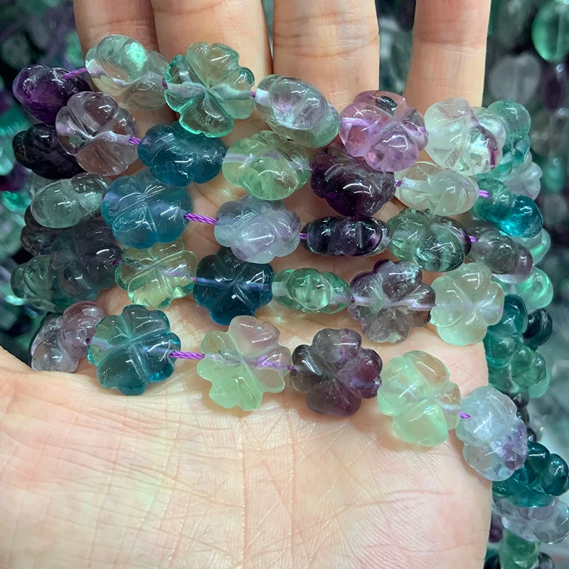 

Natural Fluorite Stone Beads 15'' 10mm 12mm Carved Four Leaf Clover DIY Loose Beads For Jewelry Making Beads Bracelet Necklace