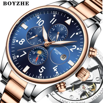 

BOYZHE Mens Automatic Mechanical Watch Time Moon Phase Waterproof Luminous hands Casual Military Sport Watches Relogio Masculino